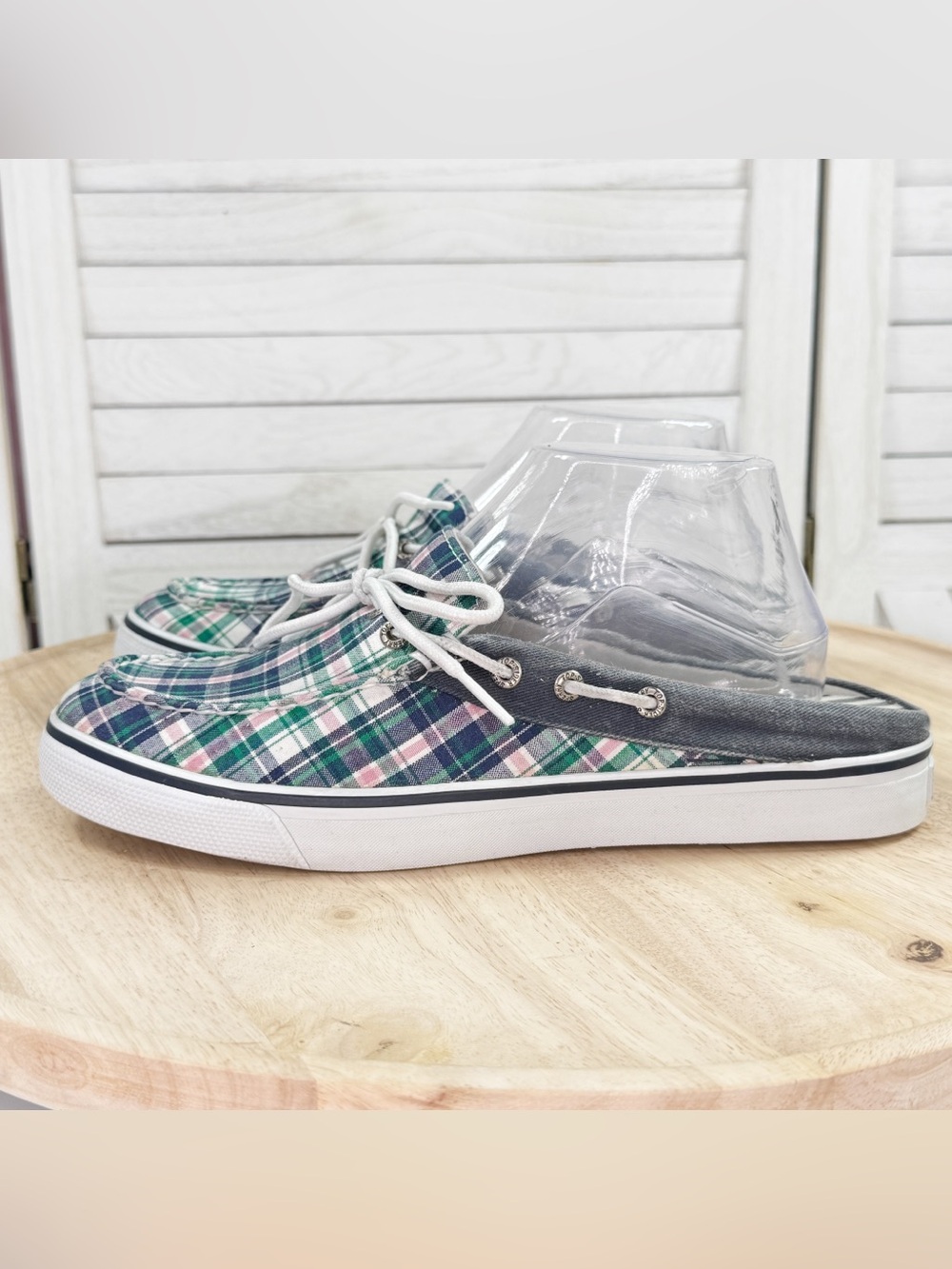 Sperry Plaid Canvas Slip On Mules Boat Shoes Blue Green Pink Women 9 Preppy - Picture 3 of 10